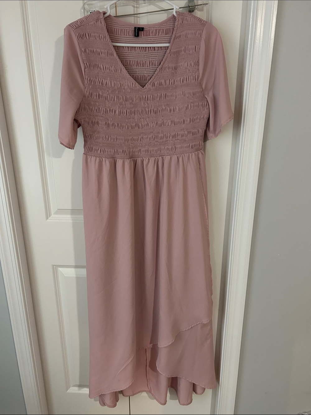 Smocked V-Neck High-Low Dress in Dusty Rose